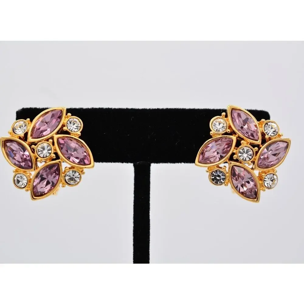 Monet Vintage Crystal Clip On Earrings Lavender Rhinestone Gold Signed 1980s 9E